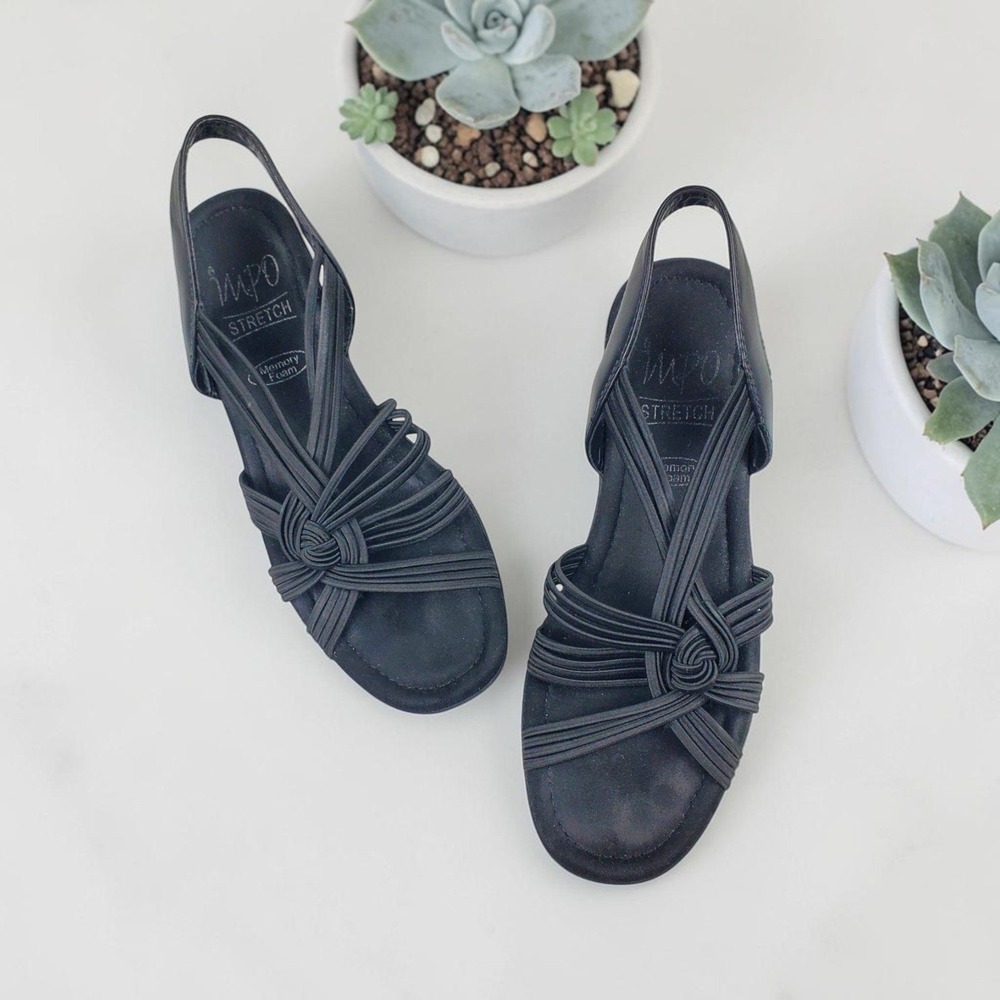Impo Enid Black Stretch Multi-Strap Wedge Sandals Memory Foam Womens 8M